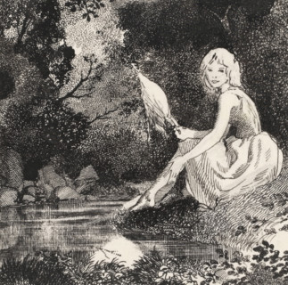 Griseldis sitting by a brook, drawing, book illustration (design), annotation: 'griseldis', c. 1900