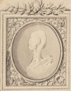 Design for a frame for a portrait or cameo, with four alternative corner solutions, drawing,
