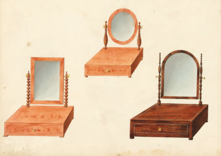 Three designs for toilet mirrors, drawing, album page, two in mahogany and one in rosewood with