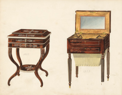 Two designs for dressing tables, drawing, album page, Two designs for dressing tables in rosewood