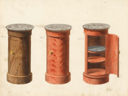 Three designs for bedside tables, drawing, album page, Three designs for bedside tables with marble