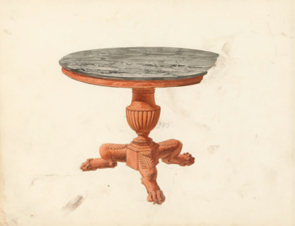 Design for a table, drawing, album page, Design for a table with a carved base in mahogany and a