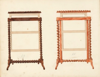 Two designs for fireplace screens, drawing, album page, one in rosewood and the other in mahogany