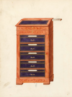 Design for a chest of drawers with five drawers with lectern and pull-out inkwell, drawing, album