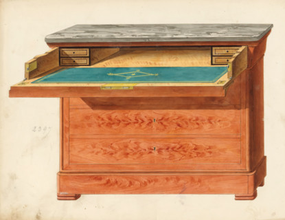 Design for a secretaire, drawing, album page, Design for a secretaire in a commode with a marble
