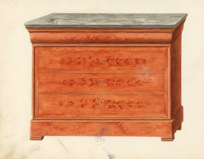 Design for a secretary desk, drawing, album page, commode with marble top, in closed state. The