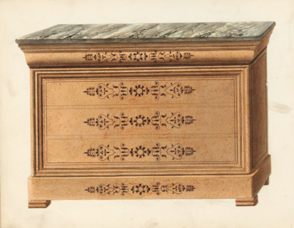Design for a secretary desk, drawing, album page, commode with a marble top in mahogany (and