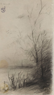 Landscape with trees along a waterfront, drawing, draftsman (artist): Johannes Gijsbert Vogel, c.