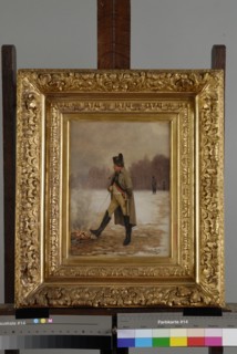 Kratke, "L'Empereur Napoléon 1er se réchauffant près d'un feu de bois dans un paysage de neige"