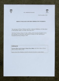 Document officiel annonçant le mariage du prince William et de Kate Middleton