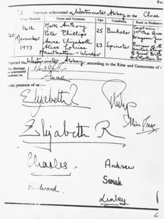 Registre du mariage de la princesse Anne et du capitaine Mark Philips