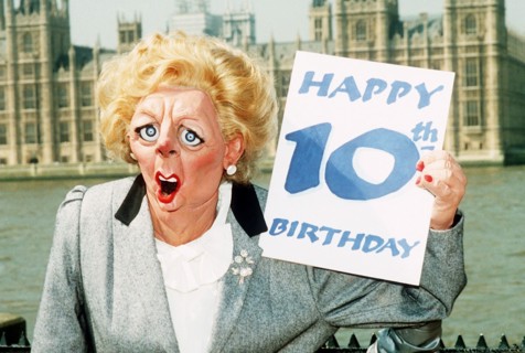 Margaret Thatcher MP Puppet  holding up 10th Happy Birthday card. 1989