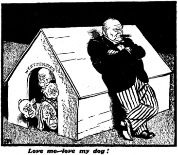 Love me love my dog!  27th January 1942 Philip Zec cartoon depicting a serious Winston Churchill