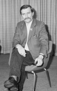 Lech Walesa Polish Union Leader seen here giving a press conference at Heathrow Airport. Circa