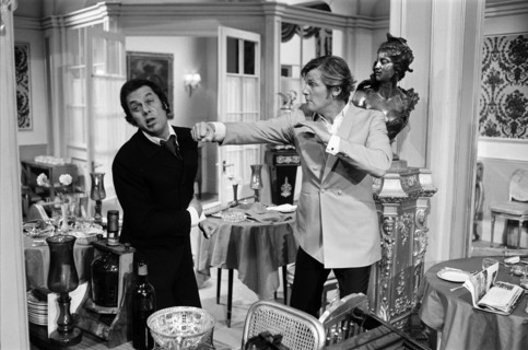 Tournage de la série "Amicalement Vôtre" avec Roger Moore et Tony Curtis