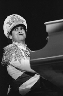 Elton John performing in concert during his "Jump Up Tour". 5th December 1982.