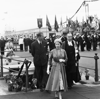 Her Majesty Queen Elizabeth II arriving at Albert Pier in Jersey on her royal visit to the Channel