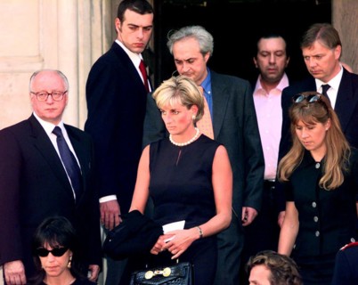 Princess Diana leaves a memorial service for slain Italian fashion designer Gianni Versace at