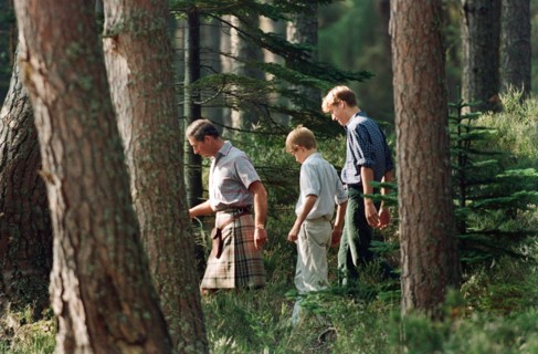 Prince Charles with sons Prince William and Prince Harry. Pictured on the banks of the River Dee at