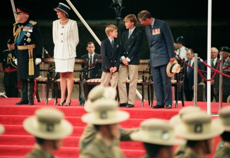 Diana, Princess of Wales, Prince Harry, Prince William and Prince Charles, Prince of Wales attend a