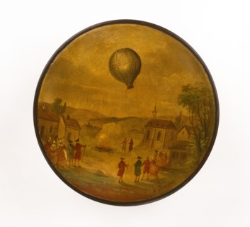 Dessous d'une boîte représentant la première expérience aérostatique à Annonay en Vivarais par les Frères Montgolfier le 4 juin 1783