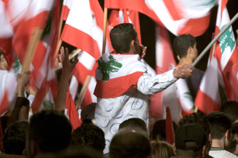 Lebanese protestors celebrate victory at Martyr's Square in Beirut