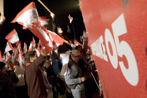 Lebanese protestors celebrate victory at Martyr's Square in Beirut