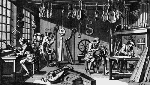 A lute maker's shop during the 18th century