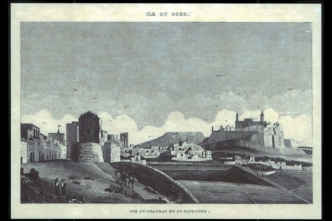 Vue du château et du faubourg de l'île de Gozo (Malte).