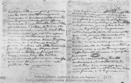 Lettre de l'impératrice Joséphine acceptant le divorce avec Napoléon 1er.
1809