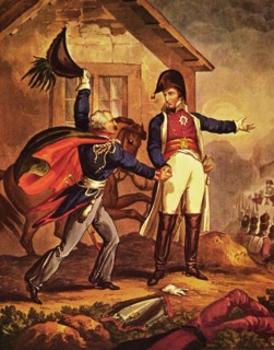 The Battle of Waterloo: the meeting of generals Wellington and Blücher.