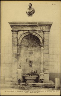 Fountain and bust of the painter Prud'Hon, in Cluny.