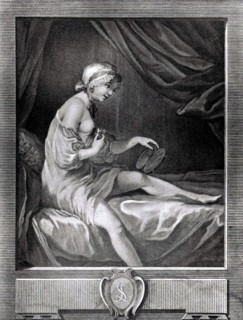 Engraving by  Saint-Aubin, Woman with mirror