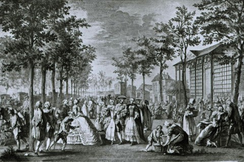 Engraving by Saint-Aubin, Walk on the ramparts of Paris