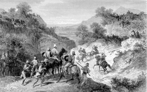 Les voyageurs arrêtés par les tribus des Bhils dans le défilé de Bitchouwara