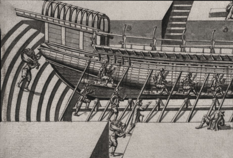 Geometric description of all of the parts included in the construction of a galley, engraving by Debenat