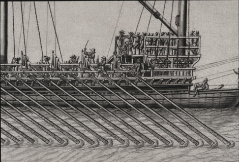 Geometric description of all of the parts included in the construction of a galley, engraving by Debenat