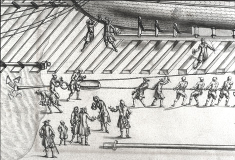 Geometric description of all of the parts included in the Geometric description of all of the parts included in the construction of a galley, engraving by Debenat