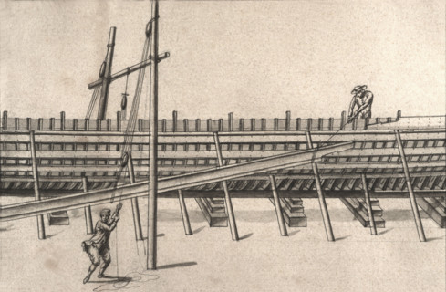 Geometric description of all of the parts included in the construction of a galley, engraving by Debenat