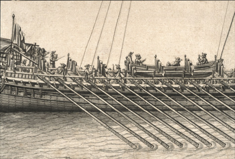 Geometric description of all of the parts included in the construction of a galley, engraving by Debenat