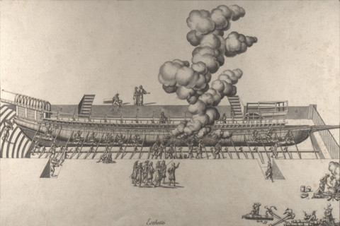Geometric description of all of the parts included in the construction of a galley, engraving by Debenat
