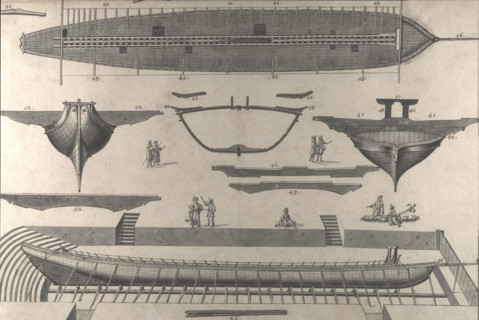 Geometric description of all of the parts included in the construction of a galley, engraving by Debenat