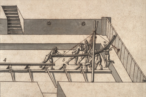 Geometric description of all of the parts included in the construction of a galley, engraving by Debenat