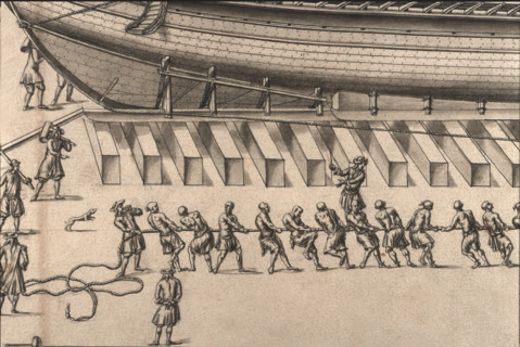 Geometric description of all of the parts included in the construction of a galley, engraving by Debenat