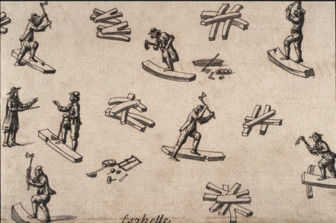 Geometric description of all of the parts included in the construction of a galley, engraving by Debenat
