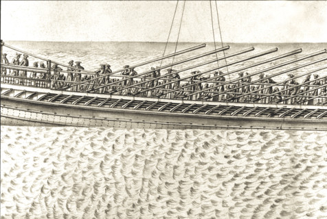 Geometric description of all of the parts included in the construction of a galley, engraving by Debenat