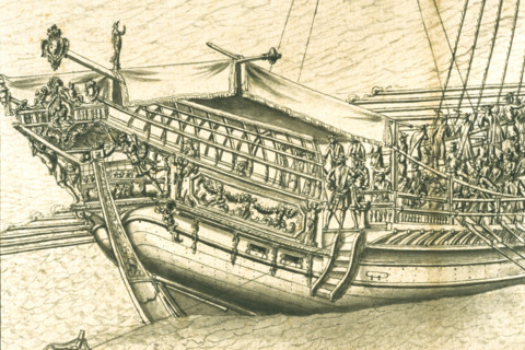 Geometric description of all of the parts included in the construction of a galley, engraving by Debenat