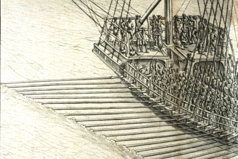 Geometric description of all of the parts included in the construction of a galley, engraving by Debenat