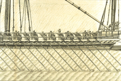 Geometric description of all of the parts included in the construction of a galley, engraving by Debenat