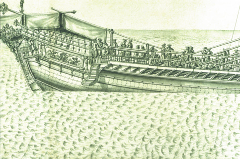 Geometric description of all of the parts included in the construction of a galley, engraving by Debenat